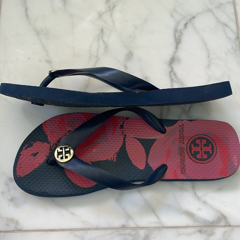 Tori Burch navy pink and red floral flip-flops - Picture 4 of 4